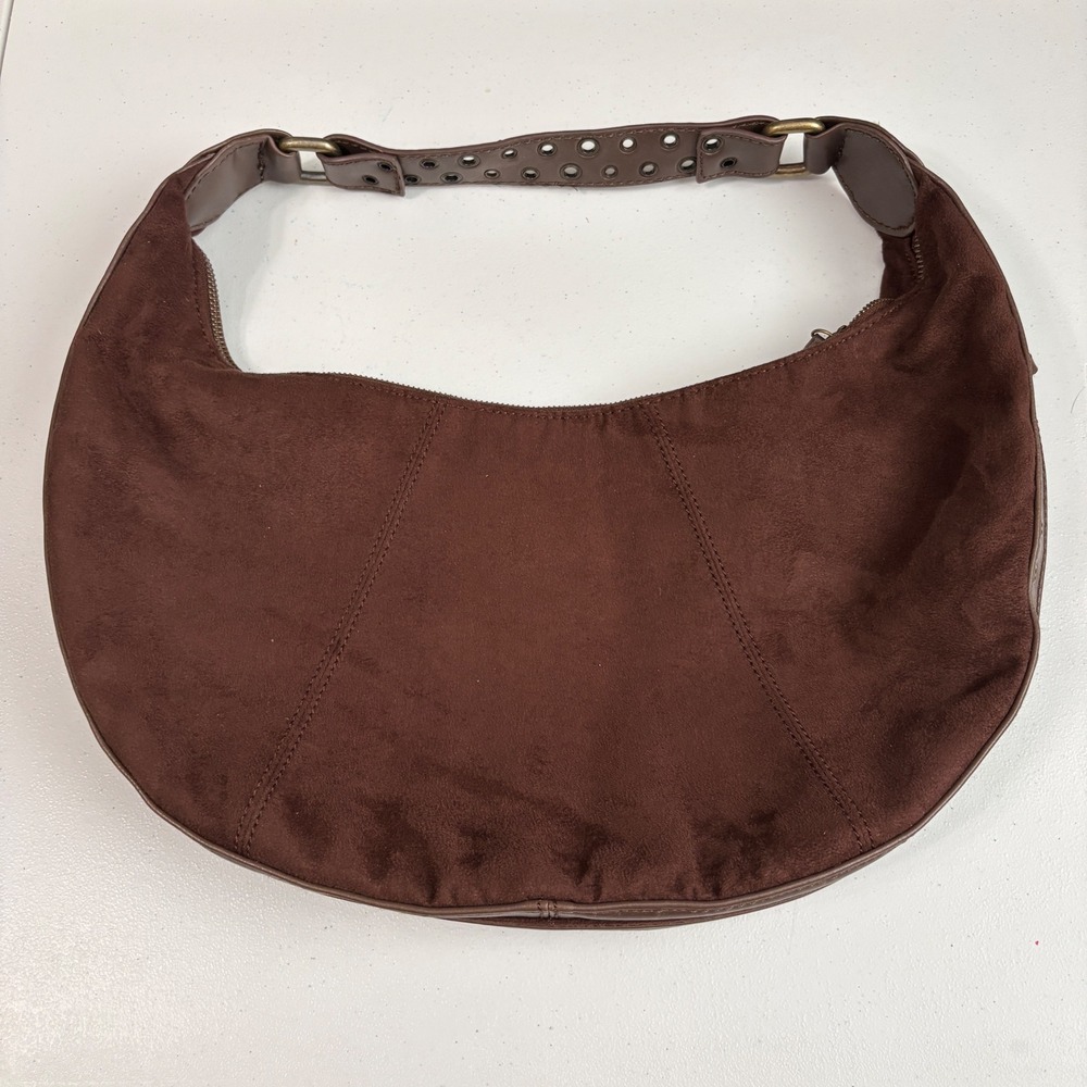 Vtg Chocolate Brown Hobo Bag Purse Faux Suede Y2K Promo Crescent Slouchy
